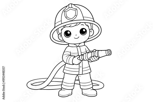 Young child firefighter character in helmet and uniform holding hose and nozzle; cute black-and-white line art ideal for kids' coloring pages, education, and imaginative play aspiring careers