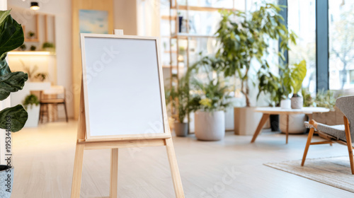 Blank wooden easel signboard inviting custom messages in a contemporary, natural light filled interior with abundant greenery