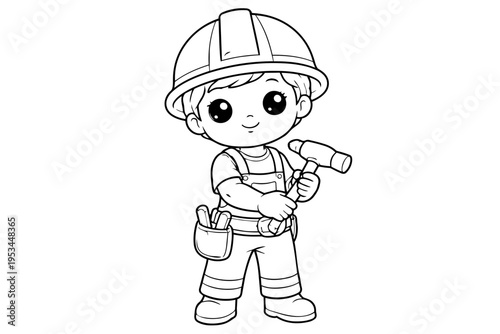 Young builder wearing a hard hat, overalls, and tool belt, holding a hammer, representing childhood aspirations, construction careers, and an engaging coloring page activity for kids