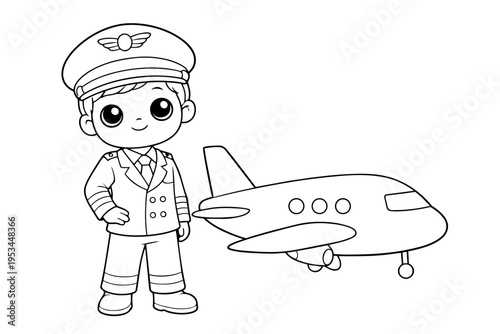 Smiling cartoon young pilot standing proudly in uniform next to a small airplane, dreaming of a career in aviation, a fun coloring page for kids