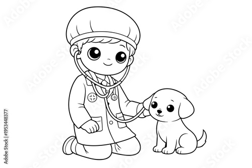 Cute young boy character dressed as a vet doctor using a stethoscope to check a happy puppy, representing animal care, education, and children's roles