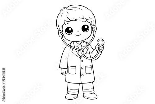 Cute cartoon boy doctor in lab coat with stethoscope, smiling and playful, ideal for pediatric, educational and coloring materials, children's healthcare and career themes