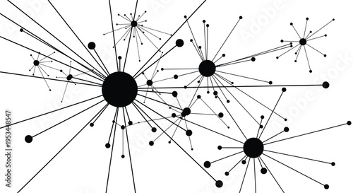 Abstract black and white vector graphic illustration depicting interconnected nodes in a complex digital network design