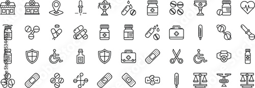 Large Medical and Pharmacy Line Icon Set Featuring Pills Medicine Bottles First Aid Kits Hospital Buildings and Laboratory Equipment Vector Symbols for Healthcare Design.
