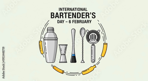 Bartender tools and international bartender's day logo on light green background with yellow accents