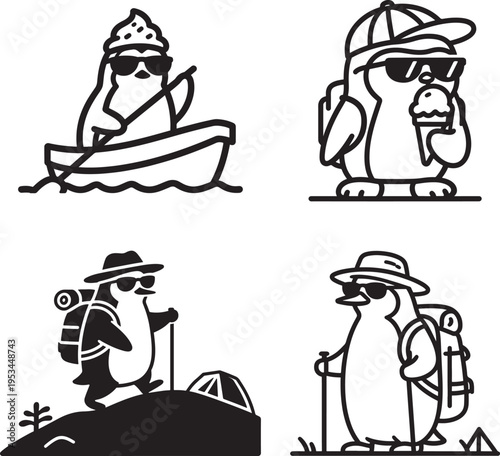 Adventurous Penguin Mascot Vector Set: Minimalist Black and White Icons of a Cool Penguin Character Hiking, Boating, and Camping with Sunglasses and Backpack