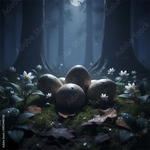 Moonlit night in an ancient forest. Pale flowers surrounding a clutch of leathery dinosaur eggs in soft moss. Mysterious atmosphere with deep shadows and silver light