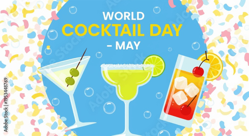 Cocktail party with colorful drinks and confetti celebrating world cocktail day in may with refreshing beverages