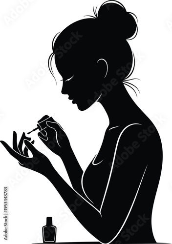 Silhouette of woman applying nail polish to her nails isolated on white background