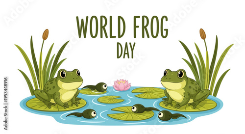 Vector illustration of two frogs on lily pads with aquatic plants and a pink flower for World Frog Day, promoting amphibian conservation awareness with a green and blue color scheme.