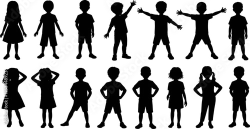 Children silhouettes collection kids standing playful poses boys girls happy child figures isolated people set flat vector illustration