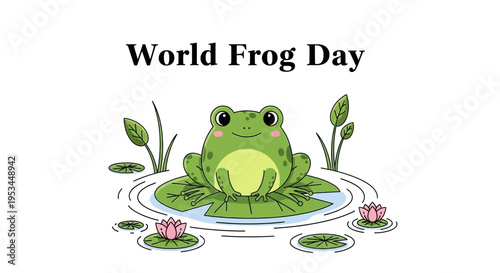 Illustration of a green frog sitting on a lily pad in a pond with water lilies, promoting World Frog Day with a conservation awareness theme.