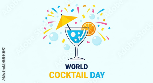 Colorful cocktail glass with confetti and orange slice on world cocktail day celebration background
