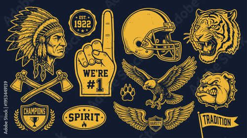 Vintage Sports Mascot Vector Set with Bulldog Tiger Eagle and Retro Elements