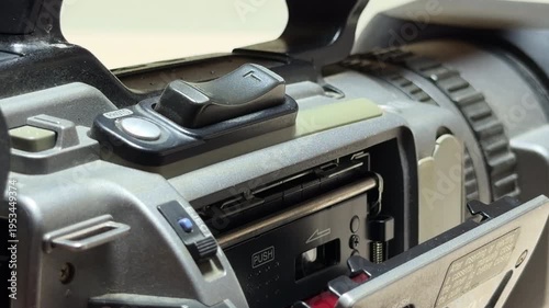 Wallpaper Mural A person's hand carefully slides a black miniDV tape into an open camcorder slot. This close-up view brings back nostalgic feelings for classic home movies. Torontodigital.ca