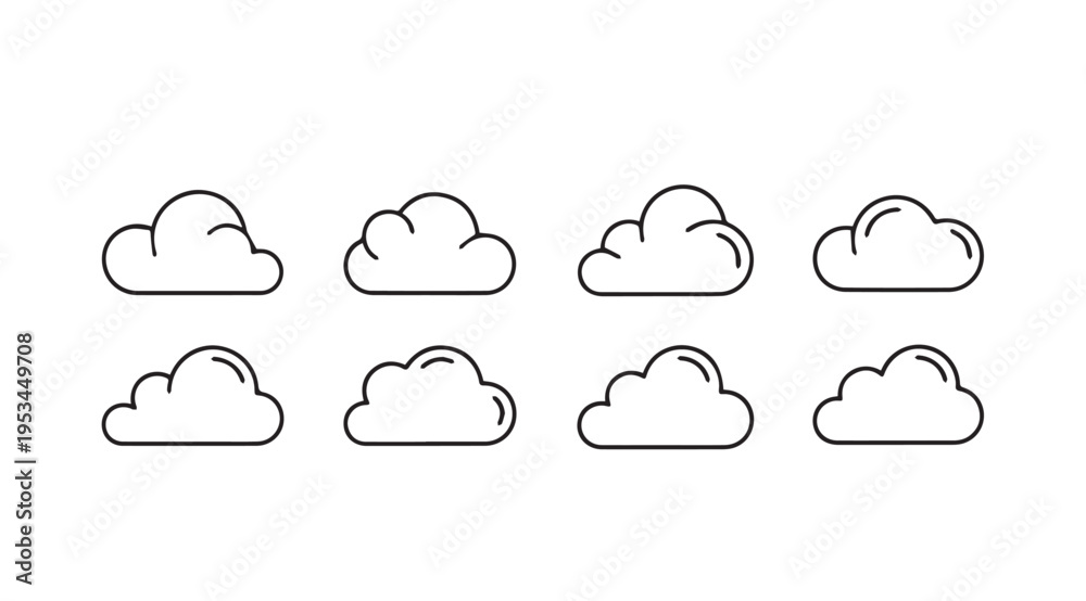 Obraz premium Set of eight cloud icons outline style on white background