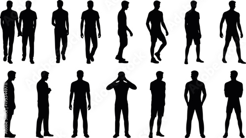 Collection of male silhouettes in different standing walking poses isolated on white background, human body reference set, flat vector
