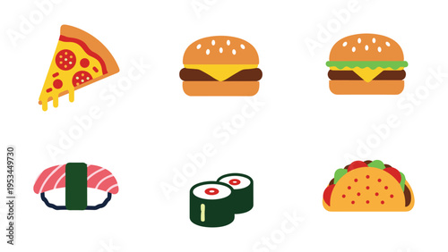 Delicious assortment of five popular fast food items in cartoon style