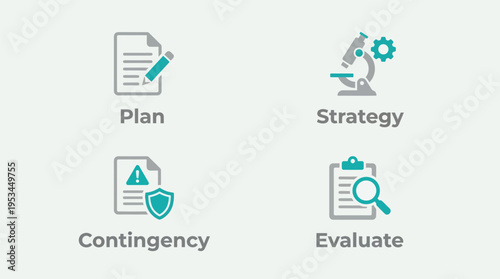 Business strategy and planning vector graphic with plan strategy evaluate and contingency icons