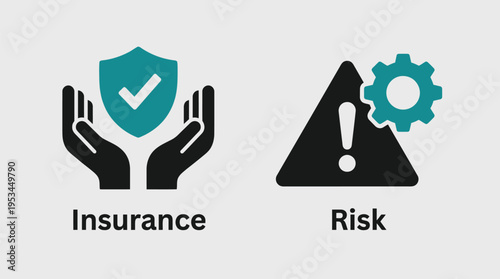 Vector graphic illustration of insurance and risk management concepts with shield and warning signs