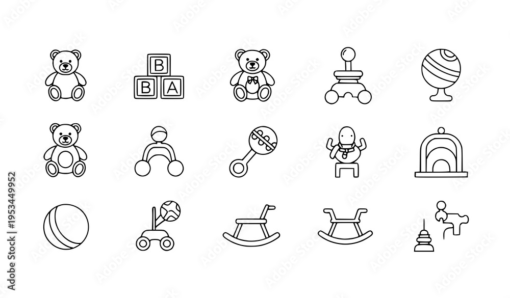 Fototapeta premium Baby toys icons minimal line style kids play vector collection