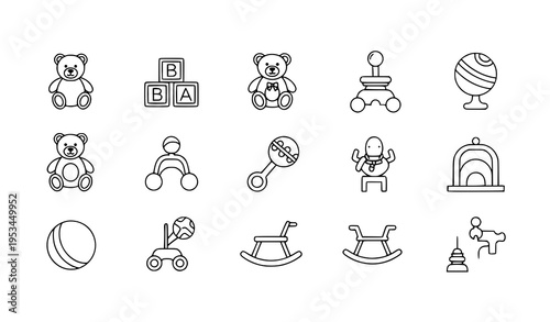 Baby toys icons minimal line style kids play vector collection