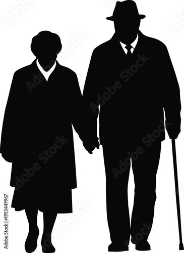 Silhouette of elderly couple holding hands isolated on white background