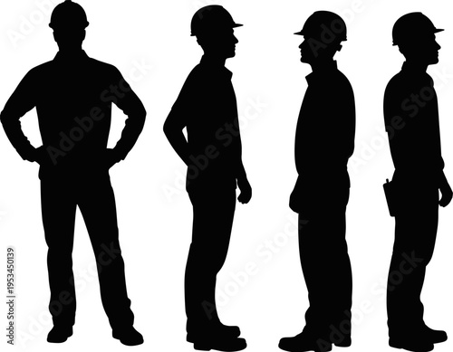 Construction worker silhouette set builder engineer standing pose safety helmet industrial labor male isolated black figures flat vector illustration
