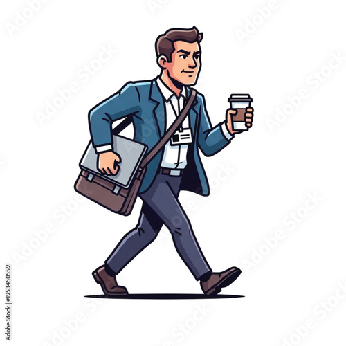 Clean vector illustration of a determined businessman commuting, confidently walking with a briefcase and coffee cup, symbolizing productivity and a dynamic start to the busy workday