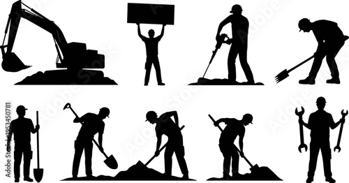Construction workers silhouette set builder digging drilling equipment excavator labor industry isolated black figures heavy work flat vector illustration