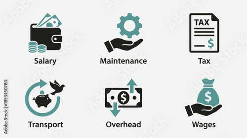 Vector graphic illustration of six financial terms with icons and labels