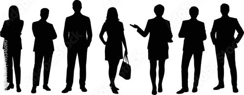 Corporate business people silhouettes standing in different poses isolated on white background, professional team concept collection, flat vector illustration