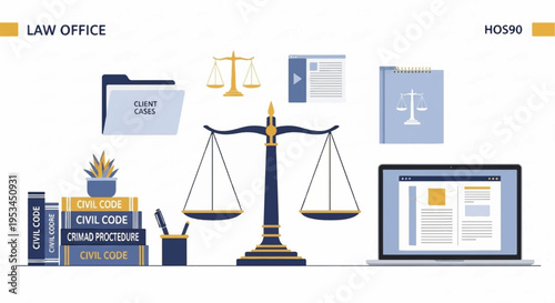 Law office workspace with scales books laptop and documents on a desk symbolizing justice legal research and professional organization