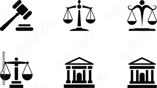 Law icons set: gavel, scales of justice, courthouse, and symbolic figures representing legal concepts and justice - monochrome vector icons for law and order