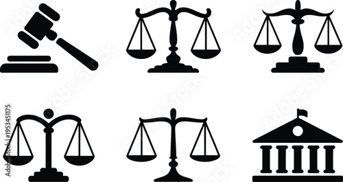 Set of simple legal icons: judge's gavel, balanced scales, courthouse building, and a personified scale of justice, conveying justice, law, and legal principles in monochrome