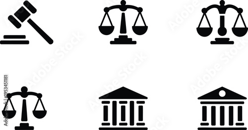 Collection of legal icons: balanced scales, gavel, courthouse building, and judge's hammer, presented as simple black vector graphics for themes of law and justice