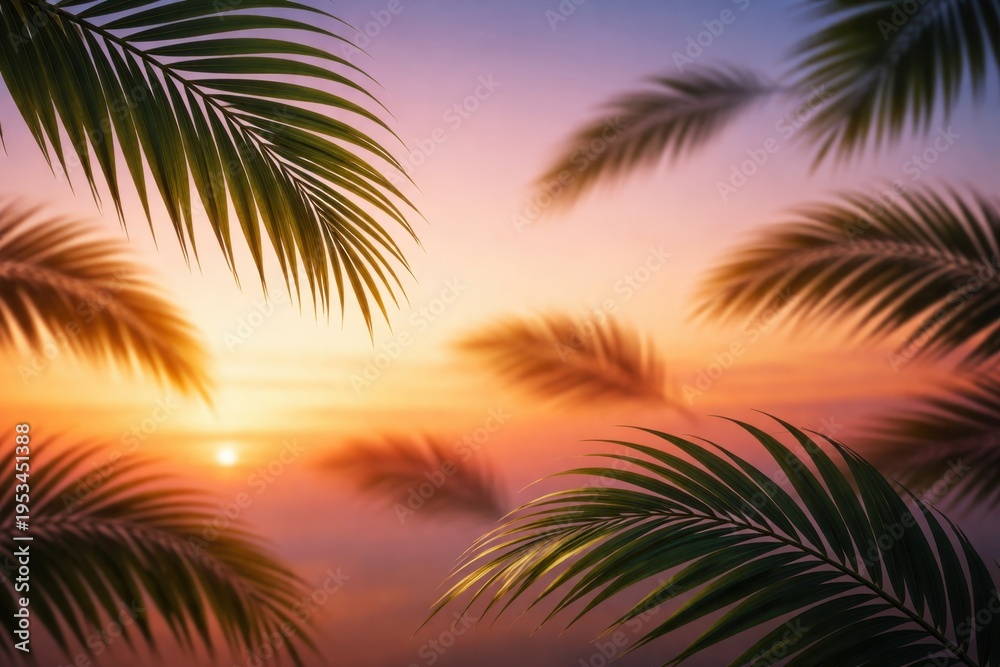 Fototapeta premium Tropical sunset with palm leaves framing the vibrant sky and ocean horizon