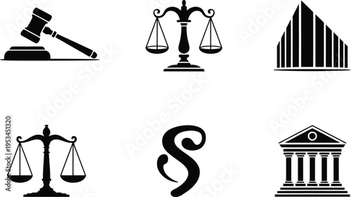 Legal symbols collection: gavel, multiple scales of justice variations, paragraph symbol, and courthouse silhouettes in a minimalist black and white vector graphic
