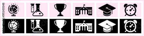 Education and Science Icon Set: Graduation Cap, Laboratory Flask, Trophy, and University Symbols Vector Template