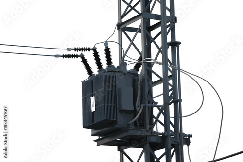 Pole‑mounted electrical transformer with insulators, cables, and finned casing illustration, utility infrastructure icon for energy distribution, engineering, electricity conversion,