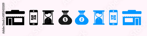 Business and Finance Mobile Icon Set: QR Code Payment, Money Bag, Hourglass, and Store Front Vector Template