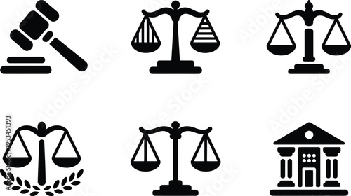 Monochrome vector icons for law and justice: gavel, scales, courthouse, and laurel wreath emblem, signifying legal judgment, fairness, and legal victory, Legal System