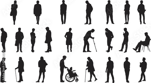 Diverse people silhouettes collection including standing men women elderly disabled wheelchair users everyday lifestyle characters isolated set, flat vector illustration