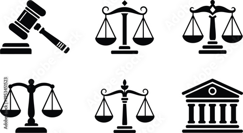 Set of black icons representing justice symbols: gavel, scales of justice, and courthouse building, on a white background. Legal concept graphics