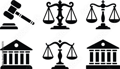 Collection of black silhouette icons for justice and law, featuring a gavel, scales of justice, and courthouse building, White Background