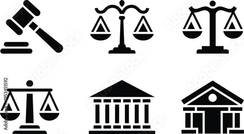 Group of graphic icons in black on white: a judge's gavel, balance scales, and a classical courthouse, representing legal system concepts, White Background