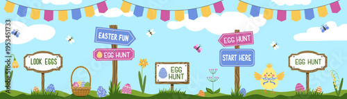 Colorful signs for Easter egg hunt party banner. Chick, basket, bee, butterfly, garland vector festive elements