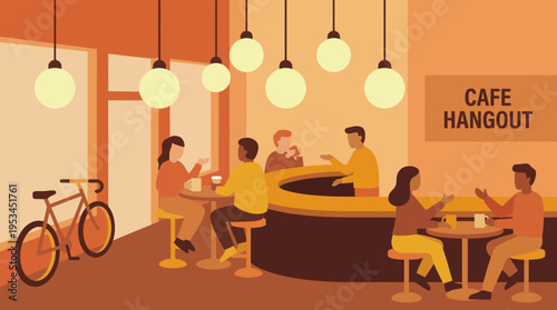 Illustration of people socializing and relaxing in a cozy cafe with warm lighting and a bicycle parked inside.