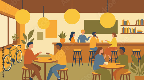 Flat illustration of people socializing and relaxing in a modern, cozy cafe interior with plants, books, and a bicycle.