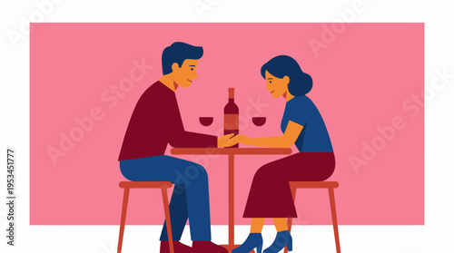 An illustrated depiction of a couple on a romantic date, holding hands across a table with a bottle of wine and two glasses, against a pink background.